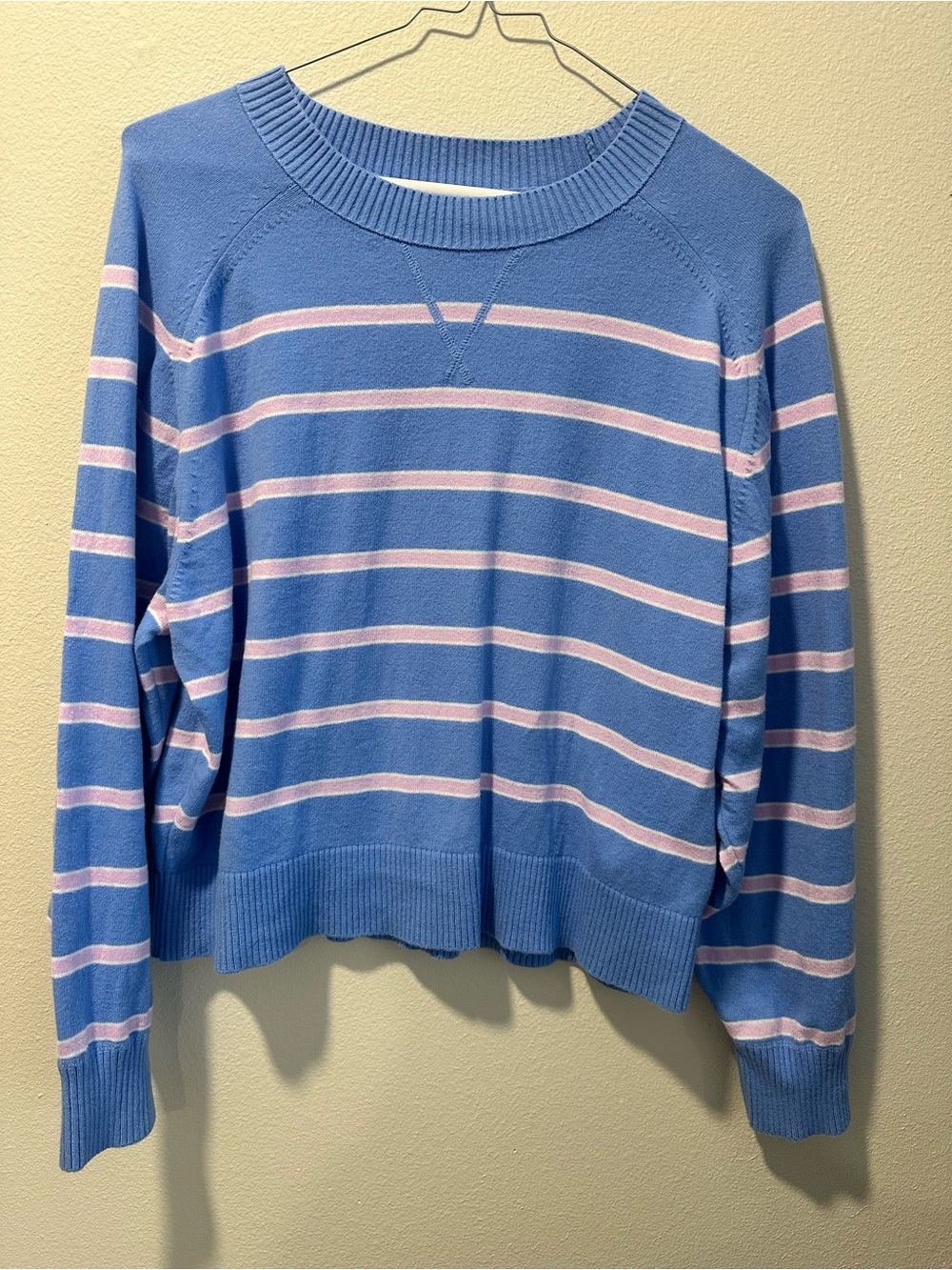 Old Navy Blue Crewneck Sweater with Pink and White Stripes